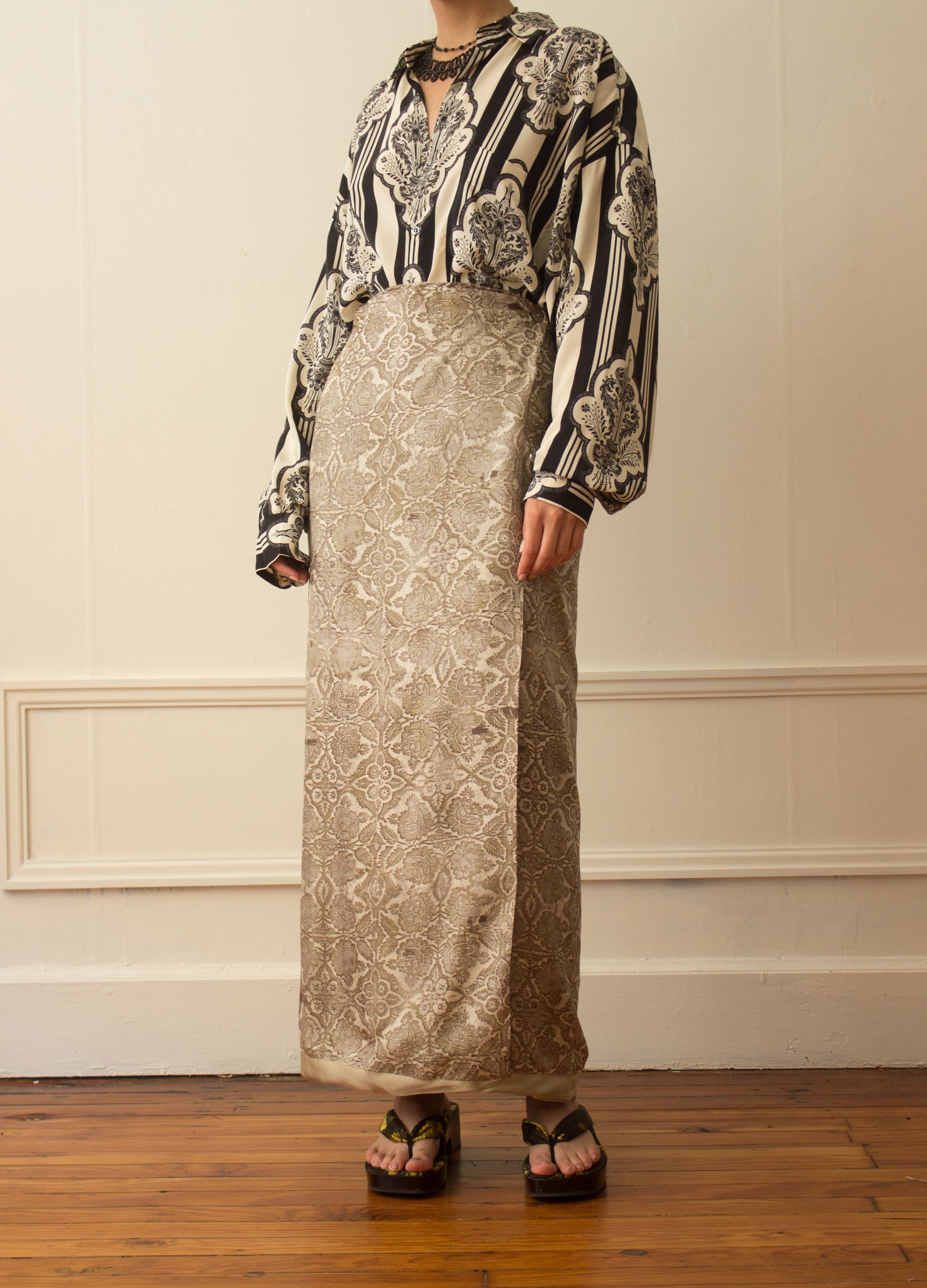 1990s Dries Van Noten Antique Damask Print Maxi Wrap Skirt